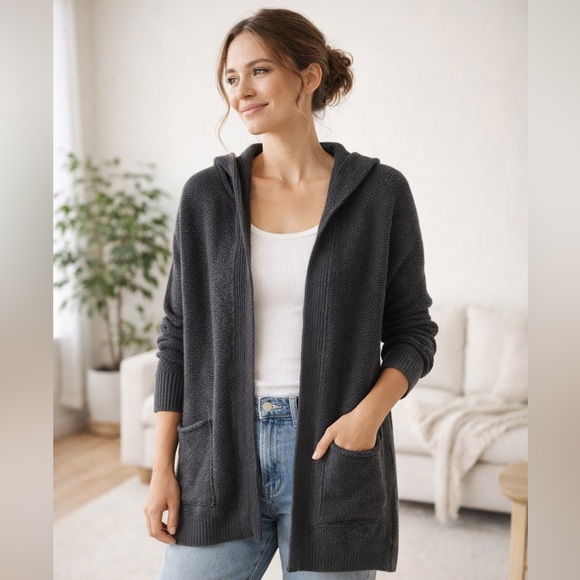 Pact Sweaters - Pact Organic Cotton Hooded Open Front Cardigan with Pockets in Charcoal Gray